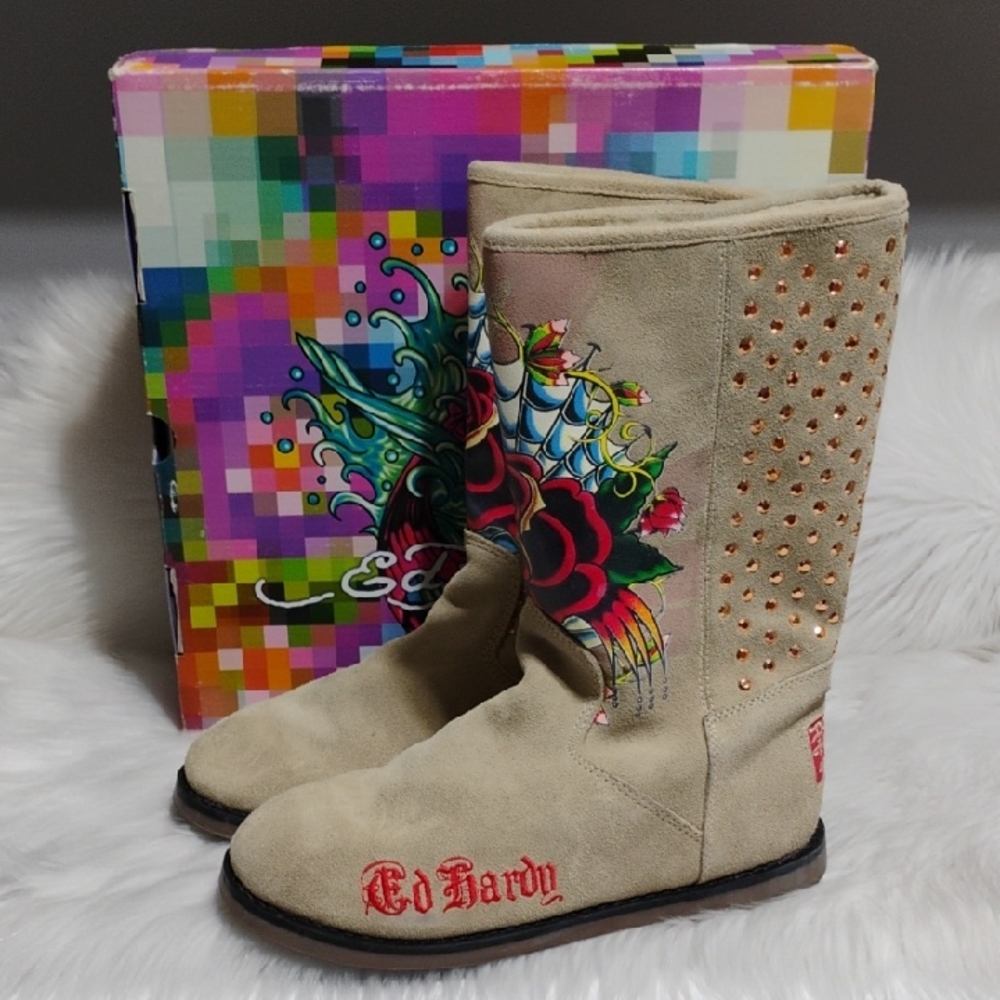 SALE! Ed Hardy Embellished Suede Boots W Colorful Embroidery/Original Box (BX37)